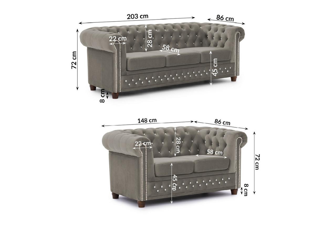 SITZGARNITUR 3+2 Chesterfield Cleo Blink Grau Samt mit Kristallsteppung und braunen Massivholzfüßen - Braun/Grau, Holz/Textil (203/72/86cm) - S-Style Möbel