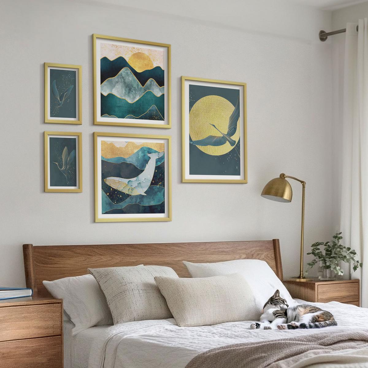 BILDER SET 5er Set - 50x50 cm & 20x30 cm & 40x60 cm Goldrahmen - Vögel, Kraniche, Mond, Berge - Goldfarben, Kunststoff (40/60cm) - TULUP