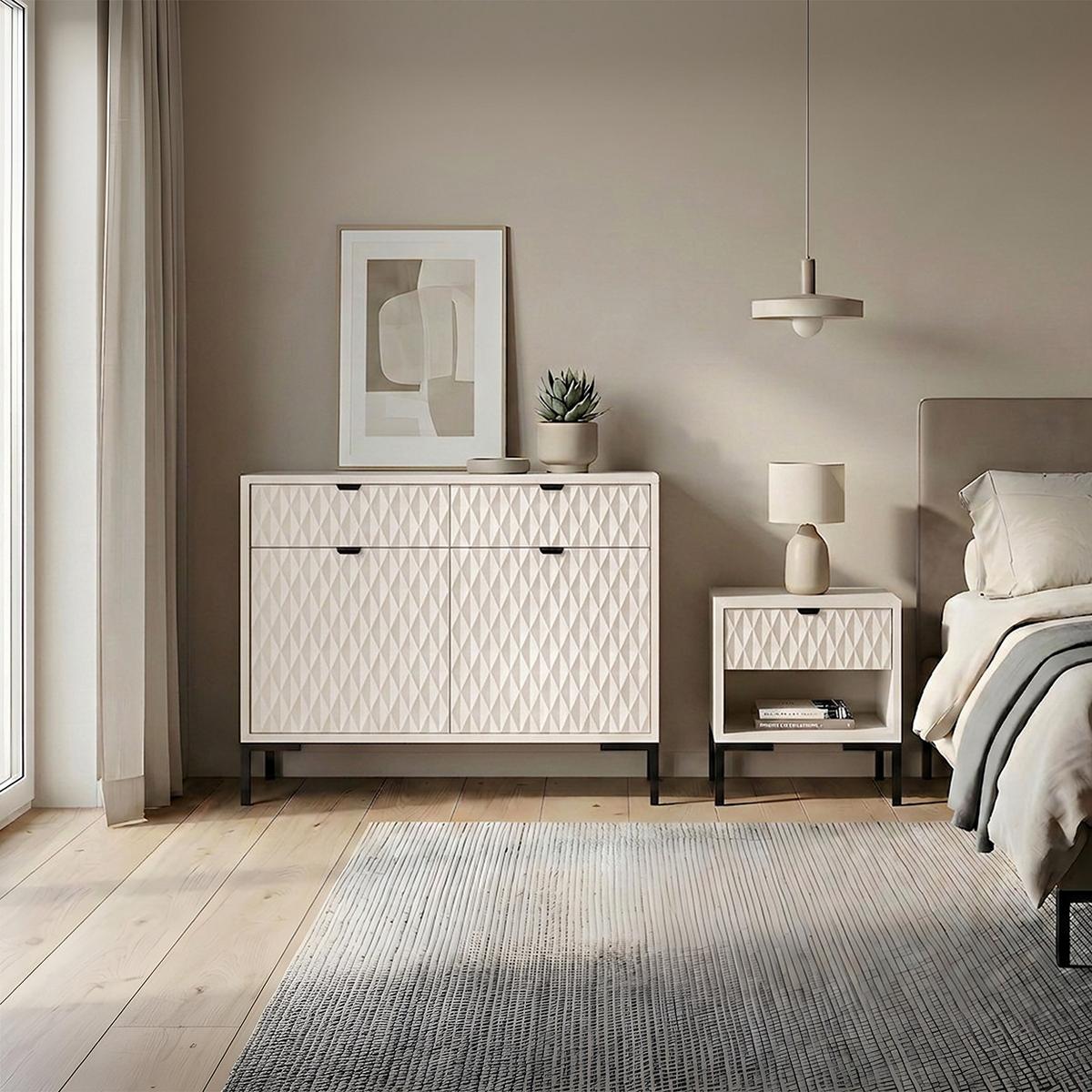 KOMMODE Montreal mit 2 Türen und 2 Schubladen, dekorative 3D-Fronten, 100 cm, Kaschmir - Kaschmir/Schwarz, Holzwerkstoff/Metall (101/85/40cm) - Beautysofa