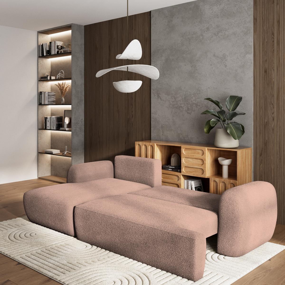 ECKSOFA MODENZA N L-S Rosa Boucle-Stoff mit Schlaffunktion - Schwarz/Rosa, Holz/Kunststoff (266/148cm) - MASSENO