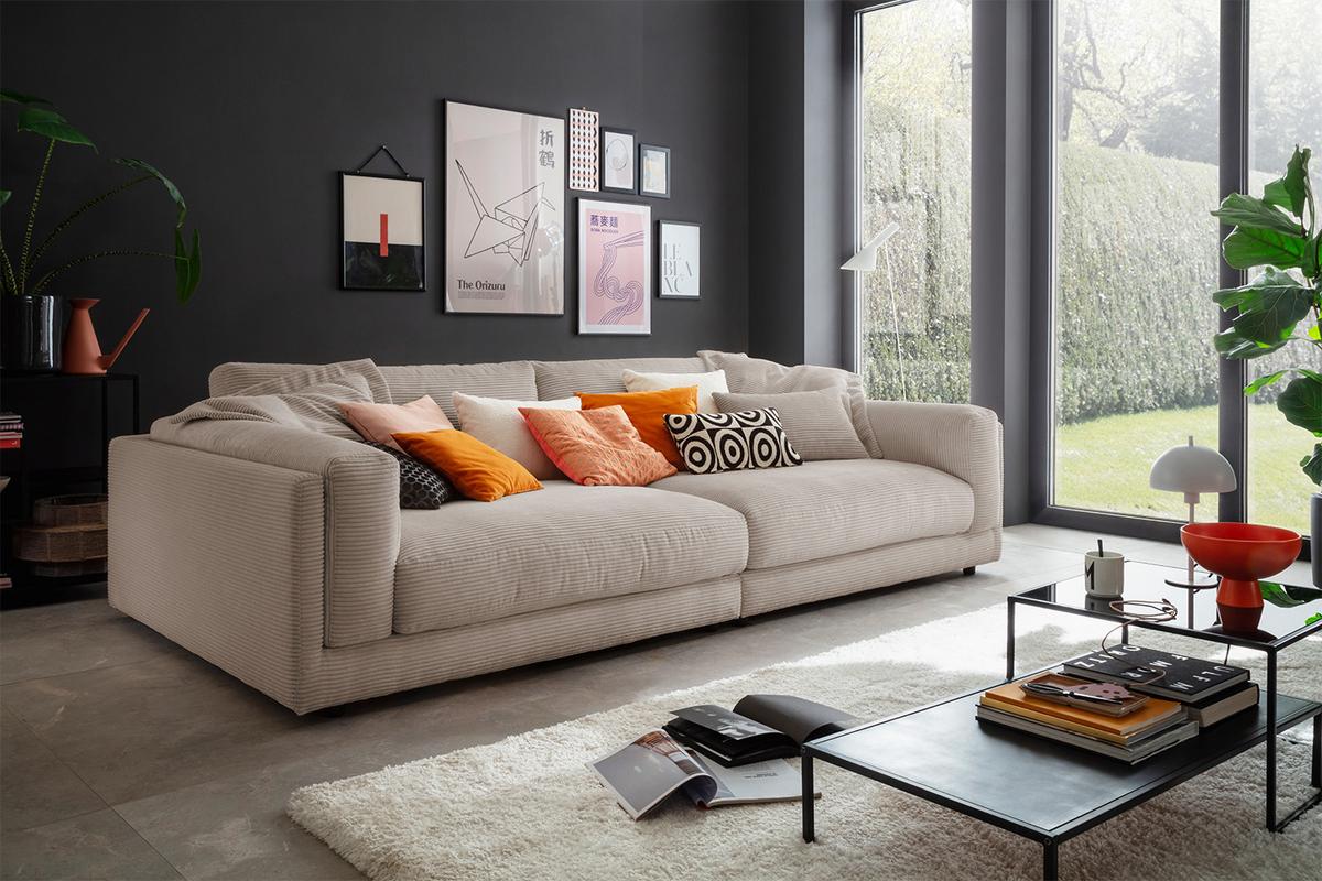 BIG SOFA RAINA Taupe Cord - Taupe/Schwarz, Kunststoff/Textil (294/85/150cm) - KAWOLA