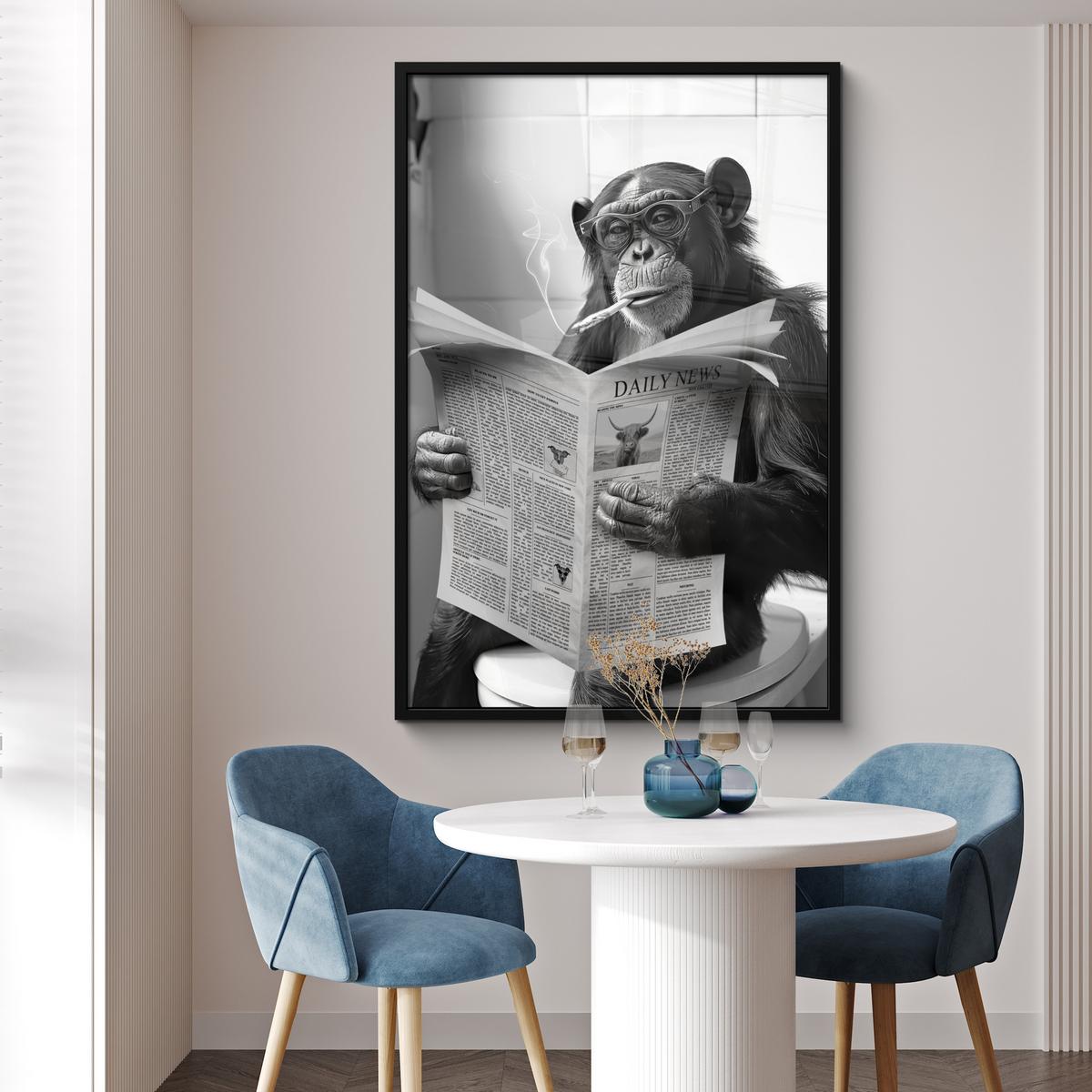 POSTER MIT RAHMEN Affe - WC - Zeitung - Schwarz-Weiß - Humor Bilderleiste 80x120 cm - Hellgrau, Papier (80/120cm) - MuchoWow