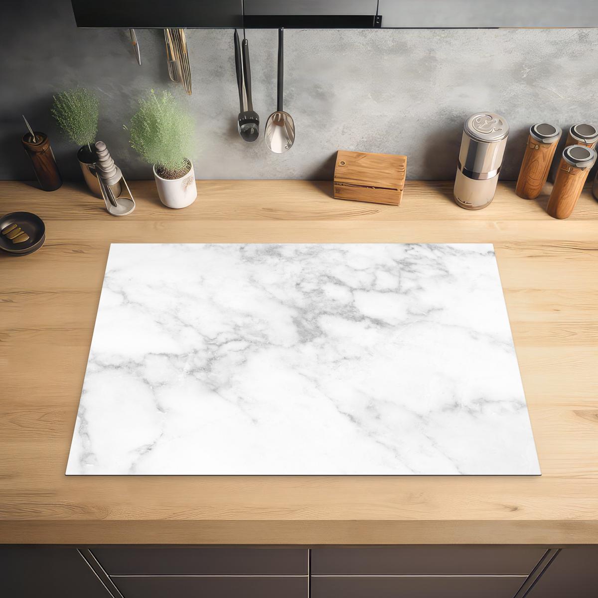 HERDABDECKPLATTE Marmor - Grau - Weiß - Strukturierter Marmor Herdabdeckung Induktionsfeld 75x52 cm - Weiß, Kunststoff (75/52/0.2cm) - MuchoWow
