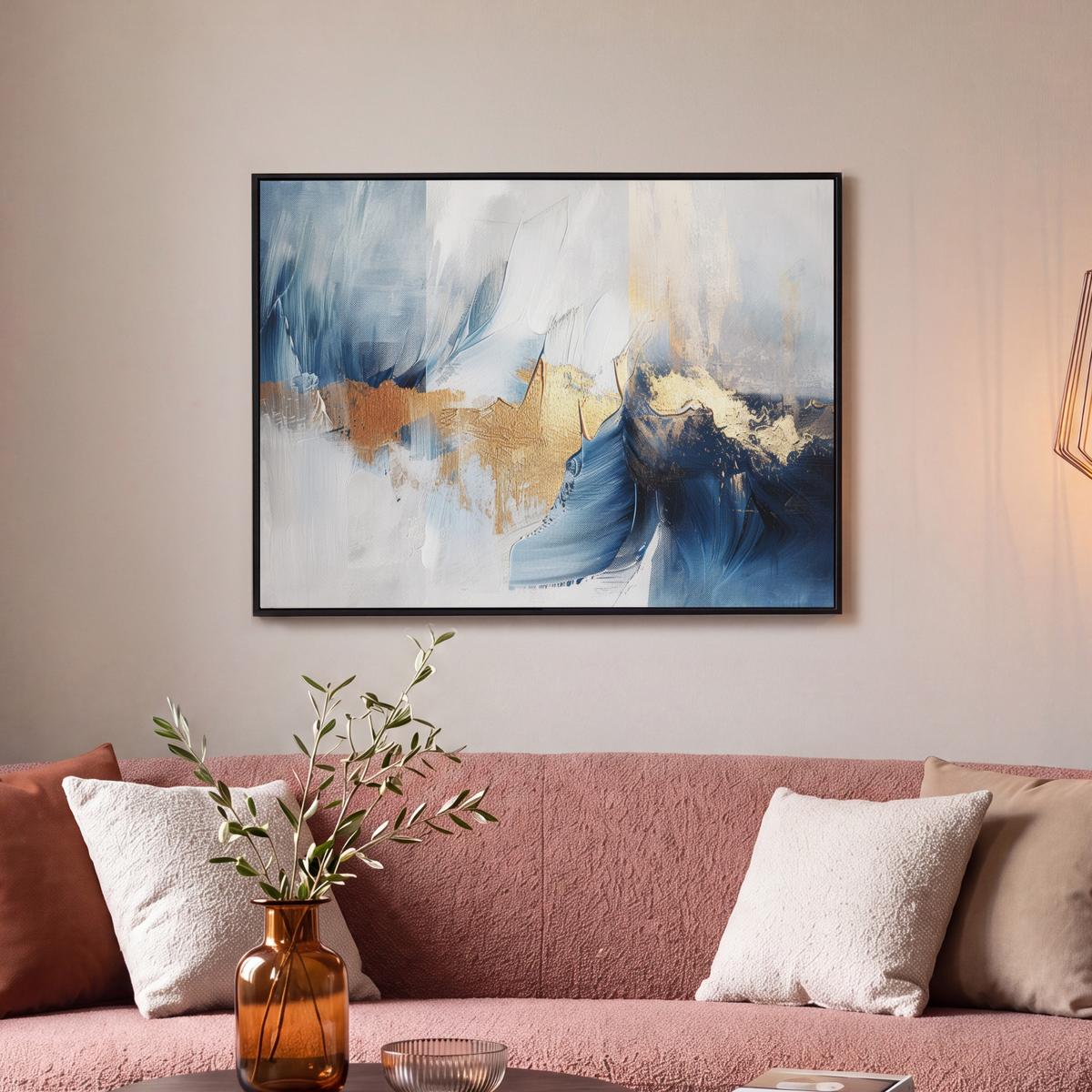 LEINWAND Bilder mit Rahmen - Gold - Blau - Aquarell - Kunst - Modern - 70x50 - Hellblau, Textil (70/50cm) - MuchoWow