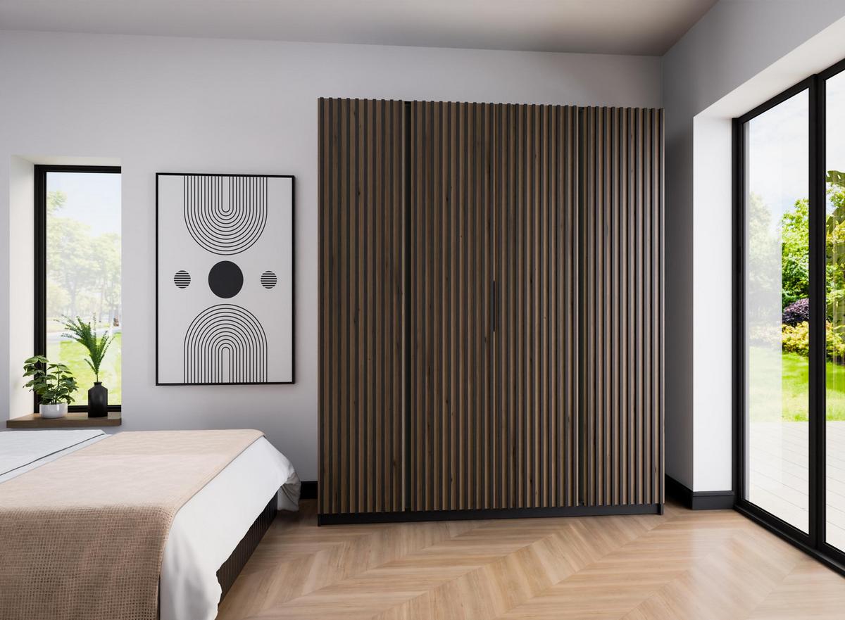 KLEIDERSCHRANK Nehir Korpus Schwarz, Front Eiche Evoke/Schwarz 200 cm - 4T Modern mit 4 Lamellentüren - Eichefarben/Schwarz, Holzwerkstoff/Kunststoff (200/239/61.9cm) - AX Living