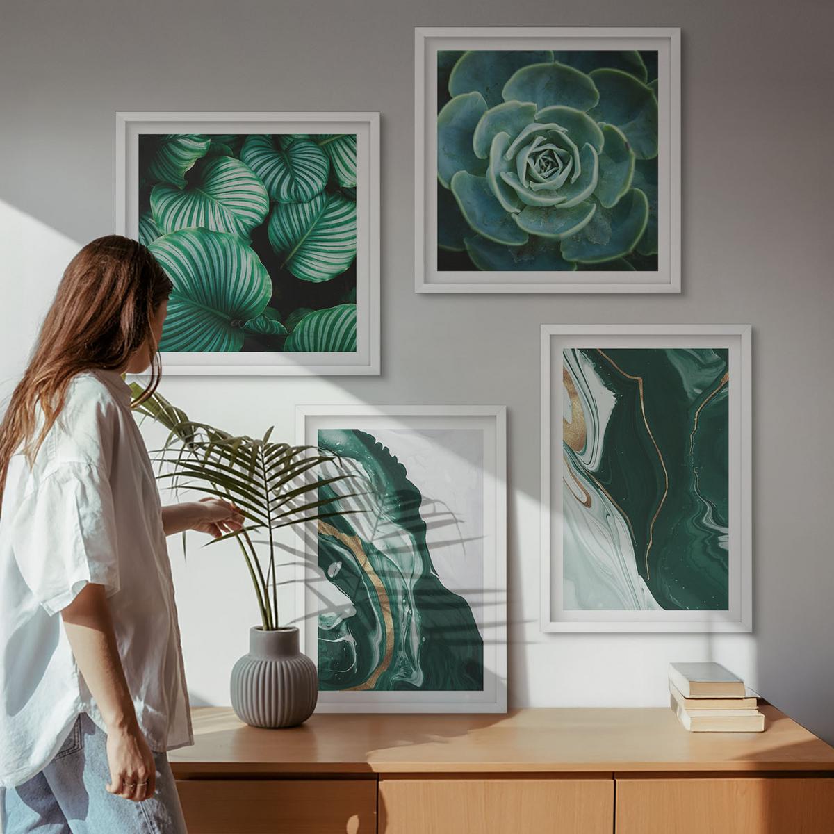 BILDER SET 4er Set - 50x50 cm & 40x60 cm Weißer Rahmen - Abstrakte Muster von Sukkulentenblättern - Weiß, Kunststoff (50/50cm) - TULUP