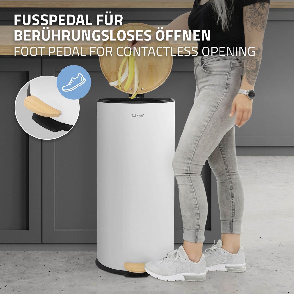MÜLLEIMER 30L mit Fußpedal und Bambusdeckel Rund Weiß aus Stahl - Weiß, Metall (29/62.5/37cm) - ML-DESIGN