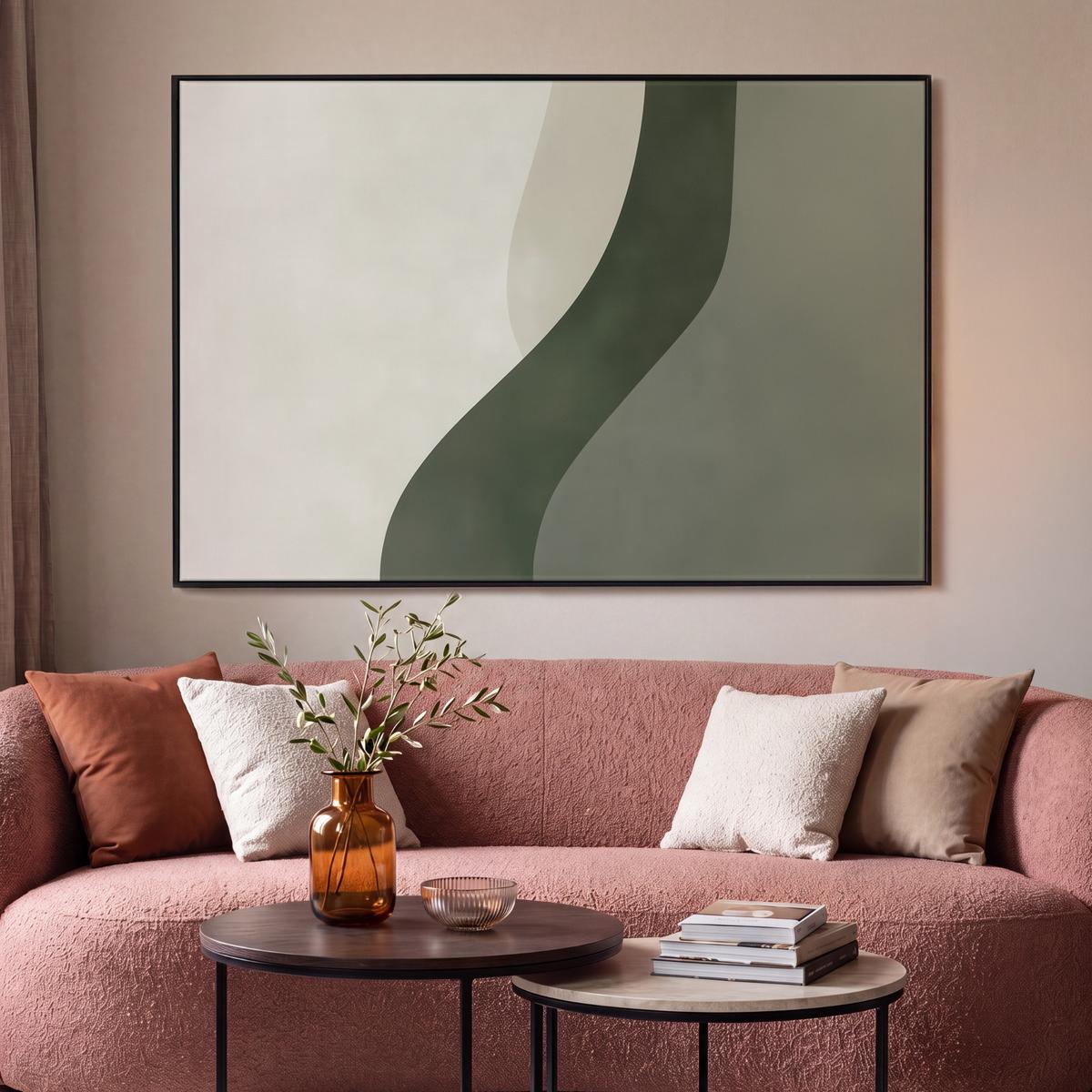 LEINWAND Bilder mit Rahmen - Japandi - Grün - Abstrakt - Modern - 120x80 - Salbeigrün, Textil (120/80cm) - MuchoWow