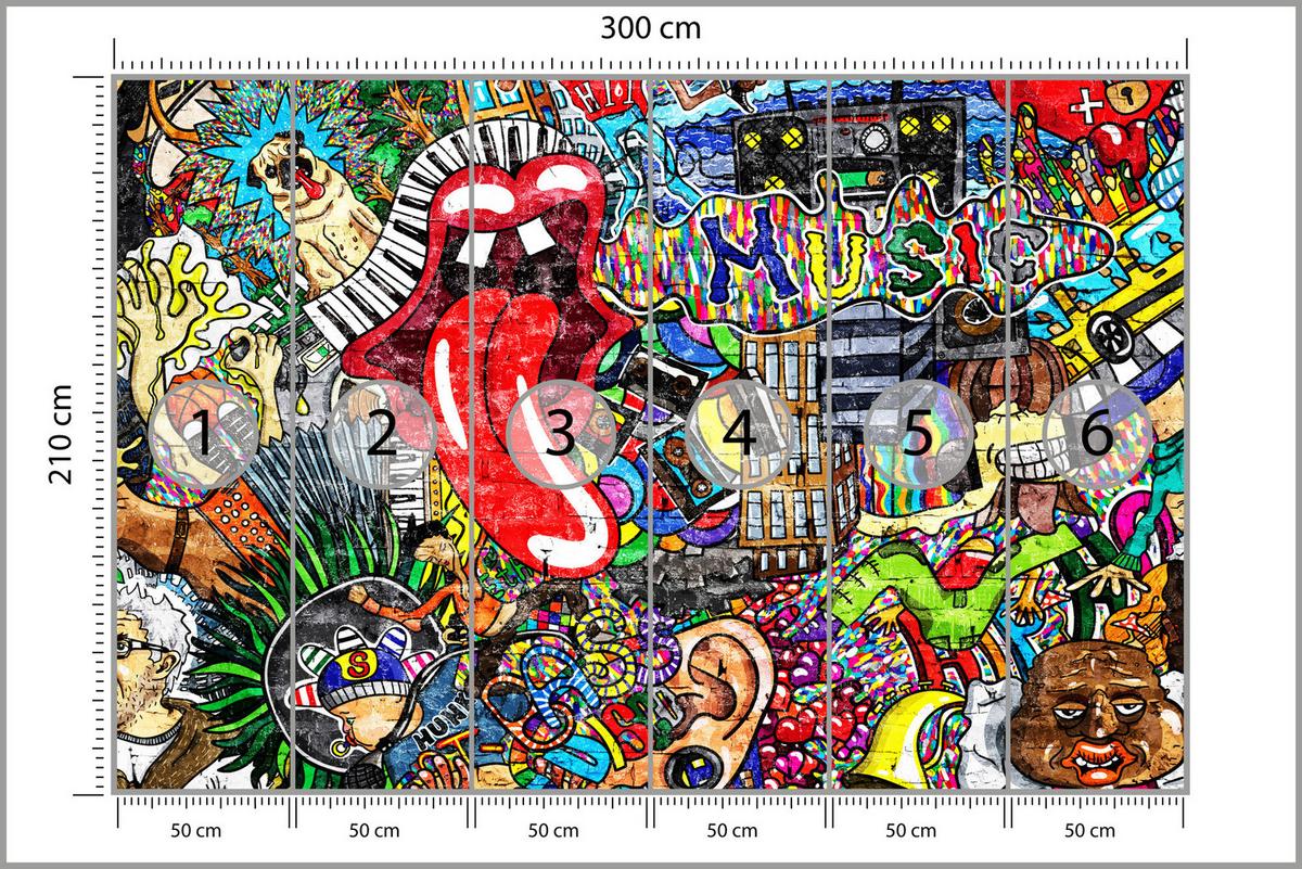 FOTOTAPETE für Jugendzimmer GRAFFITI Musik Abstrakt Farben 300x210 - Blau/Gelb, Papier (300/210cm) - Muralo