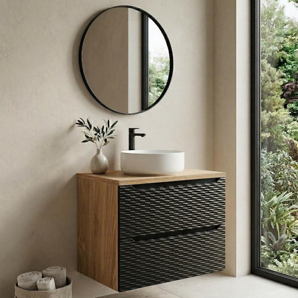 WASCHBECKENUNTERSCHRANK Ocean 2 Schubladen Schwarz Matt mit Eiche - 80 x 46 x 59 cm - Eichefarben/Schwarz, Holz (80/59/46cm) - Badplaats