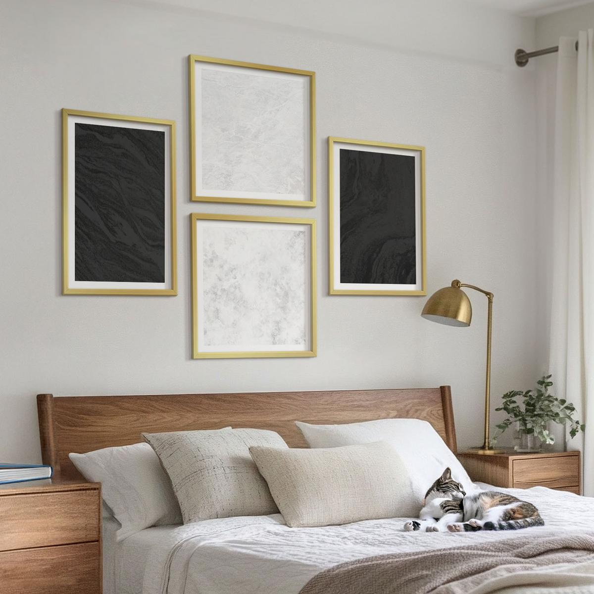 BILDER SET 4er Set - 50x50 cm & 40x60 cm Goldrahmen - Dunkles Licht, glamouröse Marmor - Goldfarben, Kunststoff (50/50cm) - TULUP