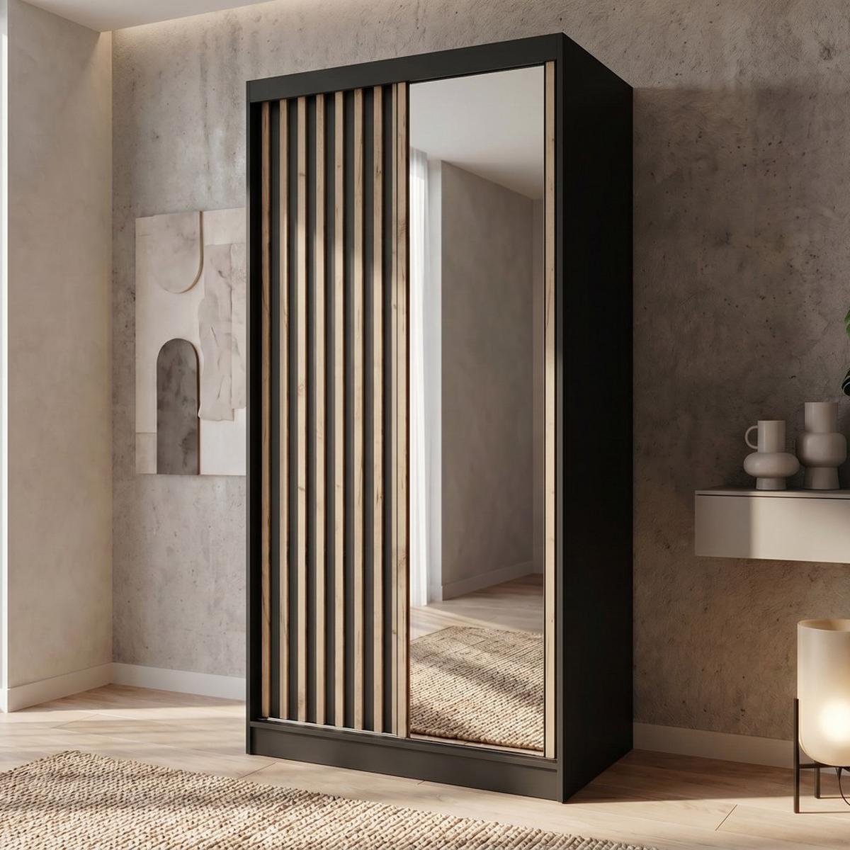 SCHWEBETÜRENSCHRANK Donatello mit 2 Türen. 100 cm, Schwarz+eiche Artisan - Schwarz/Eiche Artisan, Holzwerkstoff (100/205/60cm) - Beautysofa