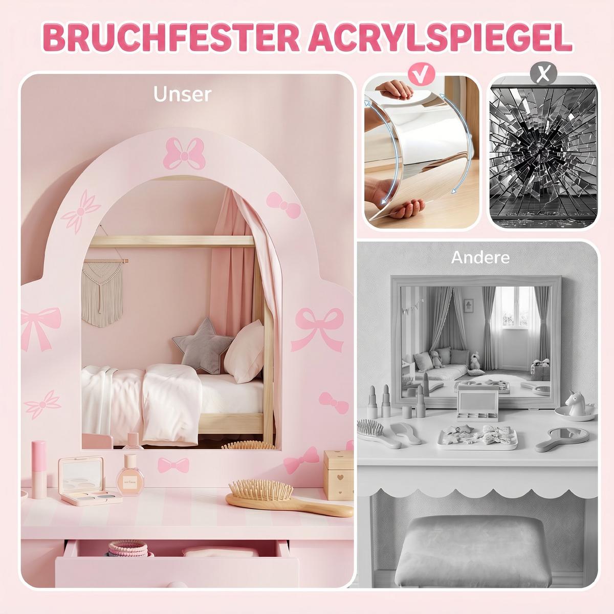 KINDER-SCHMINKTISCH-SET MDF Acryl Rosa - Rosa/Weiß, Holz/Holzwerkstoff (34/82/55cm) - AIYAPLAY