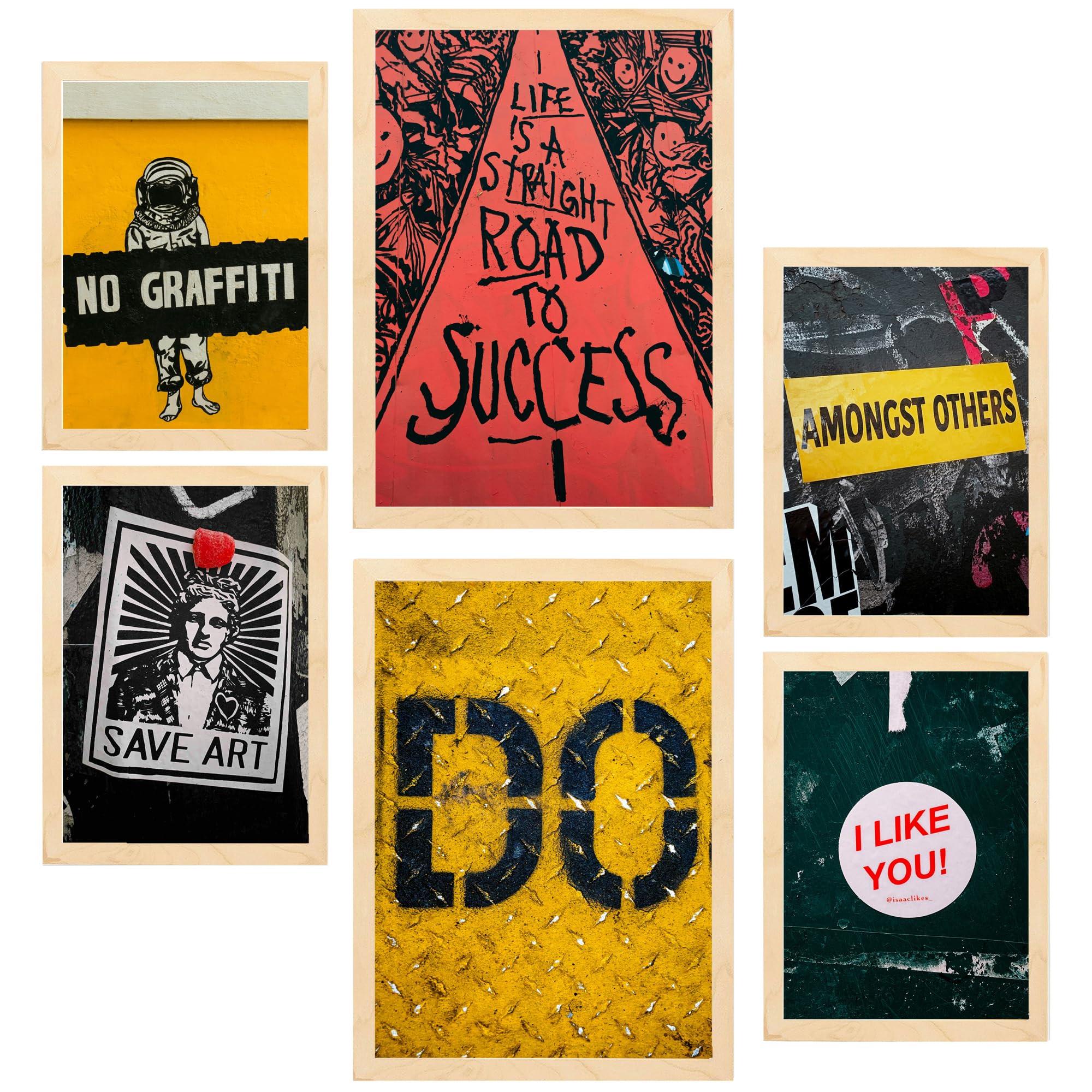 POSTER Set Mit 6 Street Art Sätze Urban Graffiti A3 & A4 Rahmen Aus Hellem Holz - Beige, Papier (29/3cm) - Nacnic
