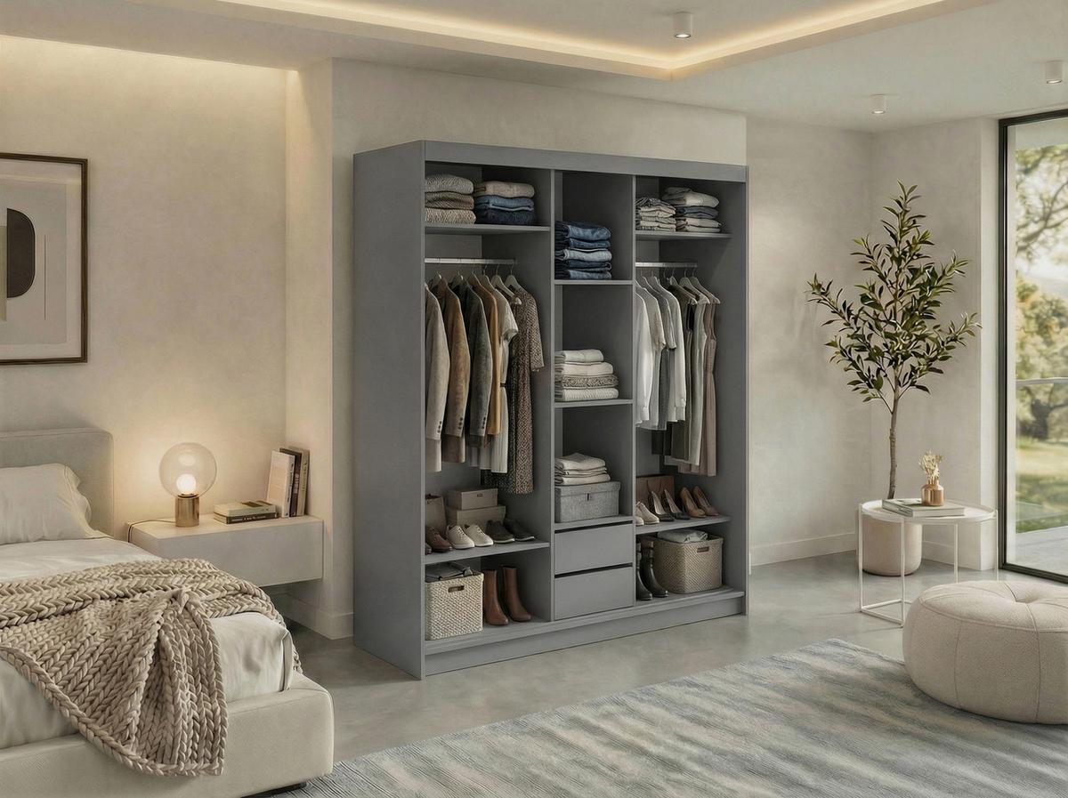 SCHWEBETÜRENSCHRANK mit Lamellen und Schubladen LUMOS - 180 - Grau und Weiß - Alufarben/Weiß, Holzwerkstoff/Metall (180/216/61cm) - MKS