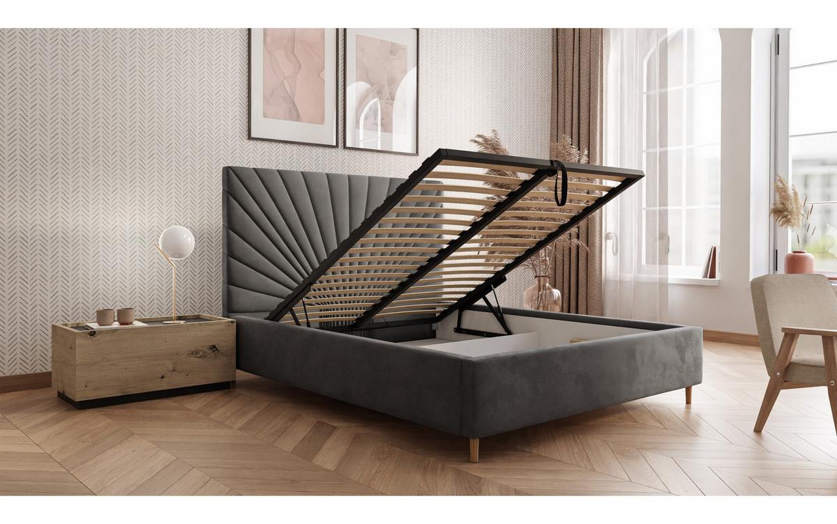 POLSTERBETT SUNNY 140x200 cm Jasmine 96, 34 Holzlatten, Kopfteil 131 cm - Grau, Textil (140/200cm) - Lookway