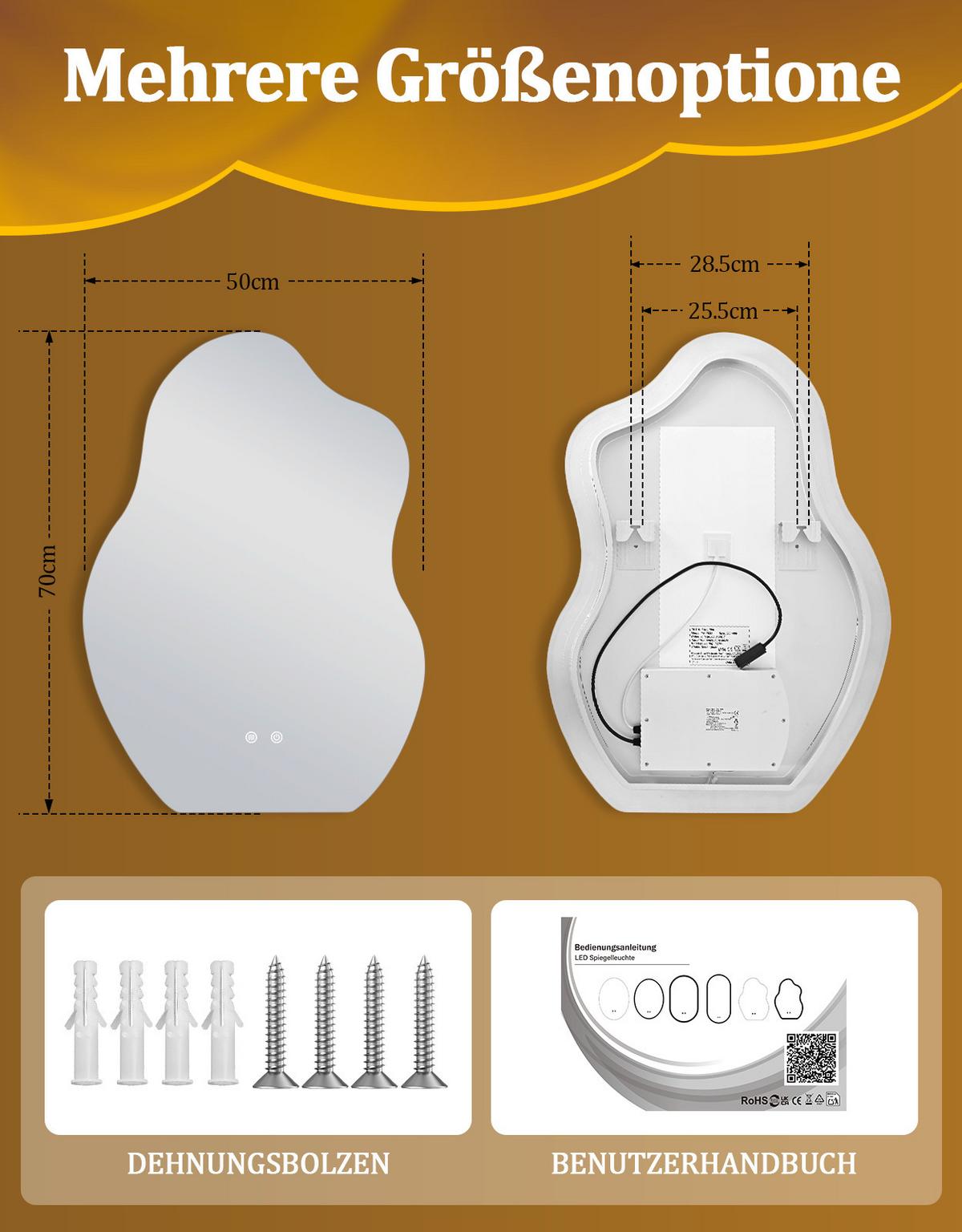 BADSPIEGEL mit Beleuchtung Kalen 3.4/50/70 cm - Weiß, Glas (50/70/3.4cm) - ZMH