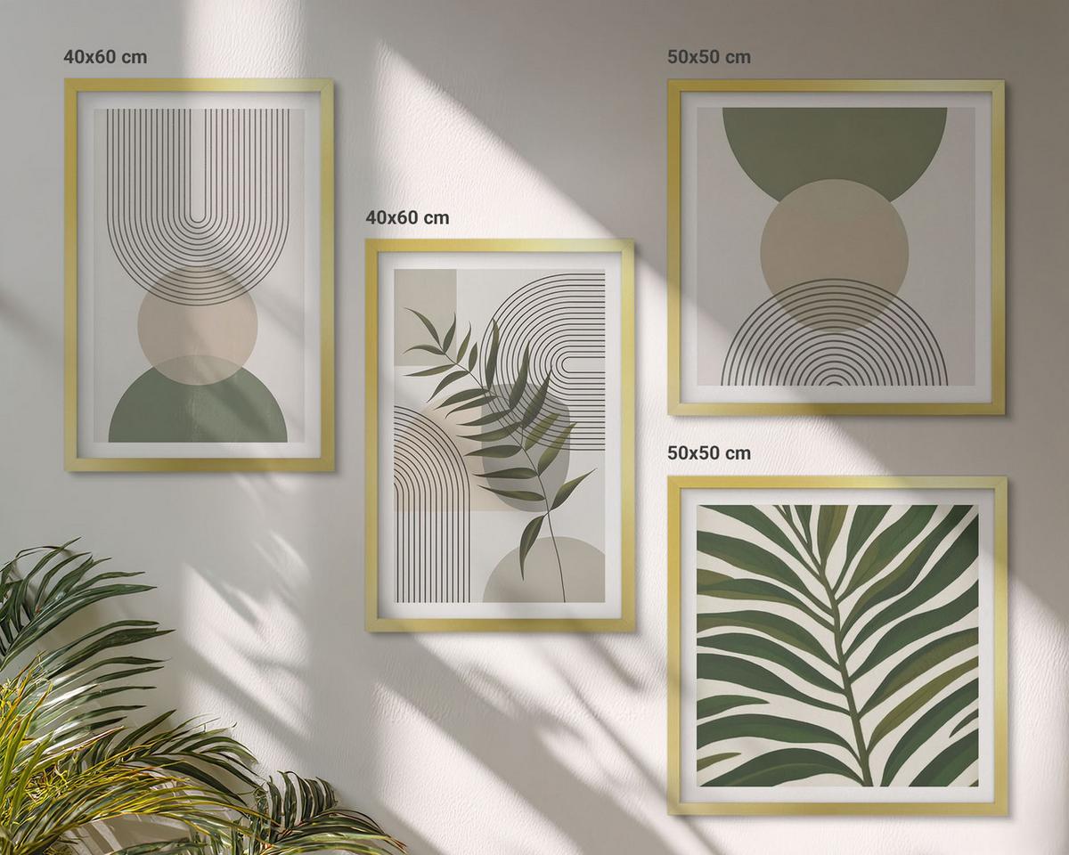 BILDER SET 4er Set - 50x50 cm & 40x60 cm Goldrahmen - Abstrakte Blätter im Boho-Stil - Goldfarben, Kunststoff (50/50cm) - TULUP