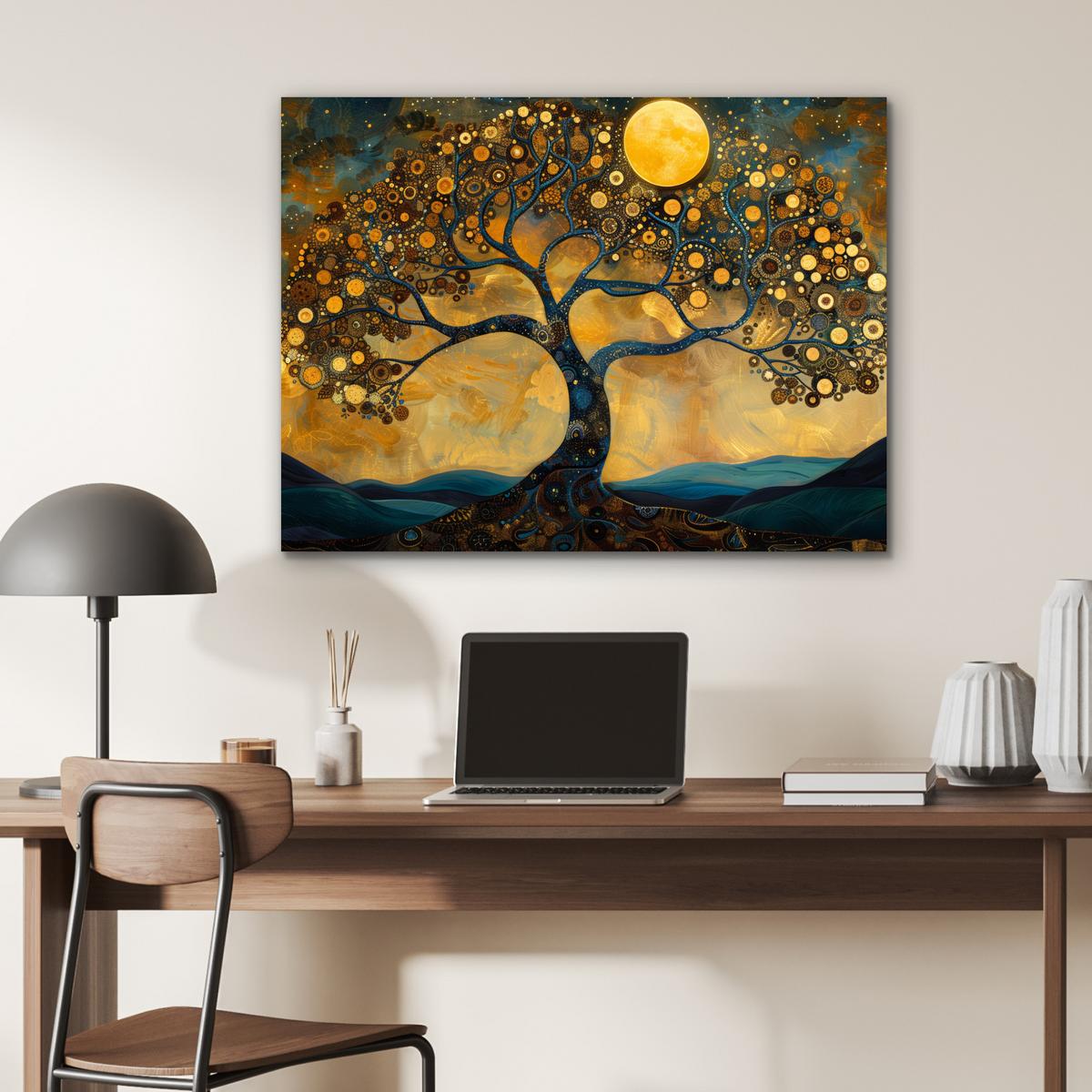 METALLBILD Baum - Mond - Blumen - Gold - Kunst 80x60 cm - Orange, Metall (80/60cm) - MuchoWow