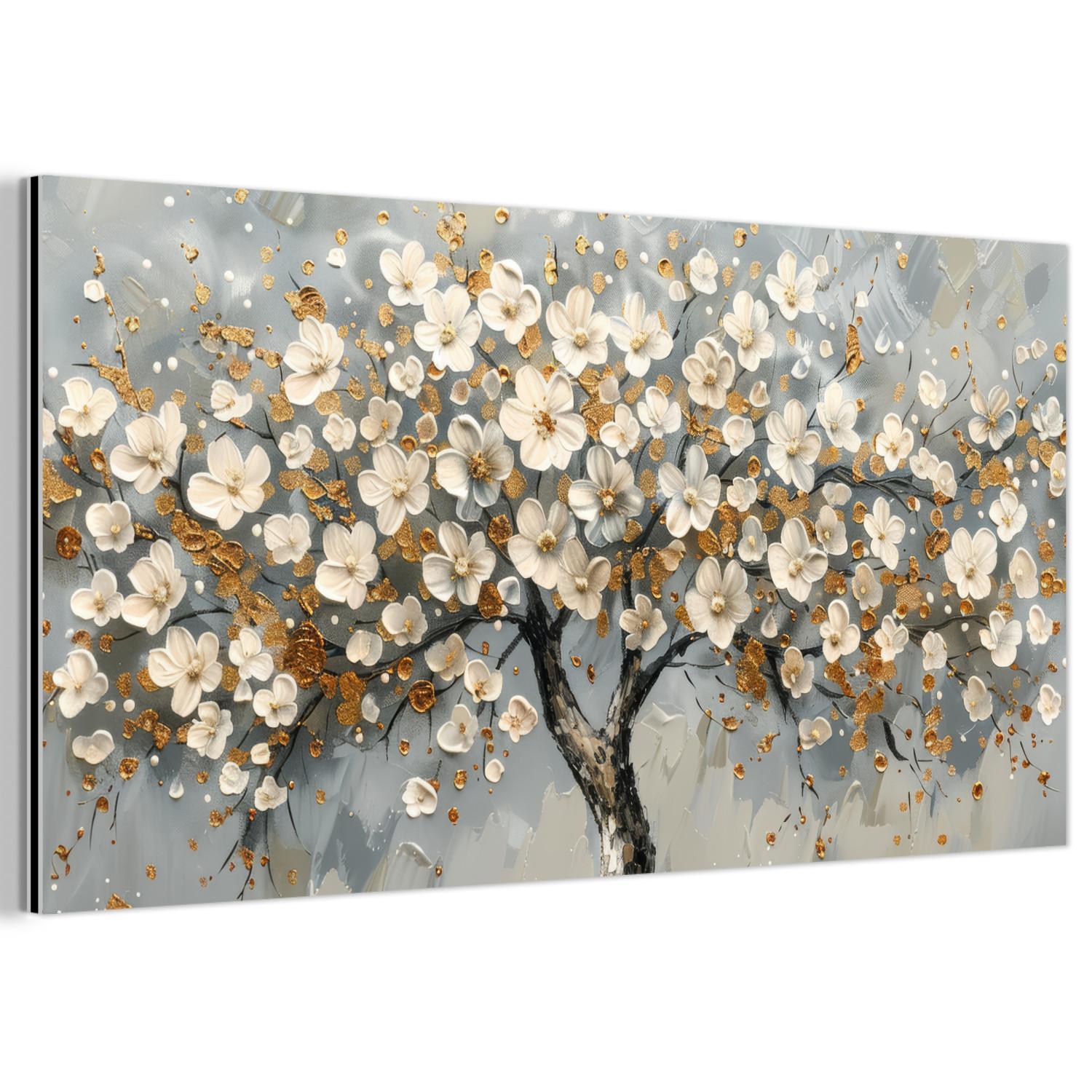 METALLBILD Baum - Blumen - Weiß - Natur - Kunst 80x40 cm - Weiß, Metall (80/40cm) - MuchoWow