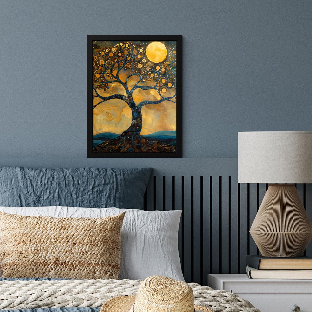 POSTER MIT RAHMEN Baum - Mond - Blumen - Gold - Kunst Bilderrahmen 30x40 cm - Orange, Papier (30/40cm) - MuchoWow
