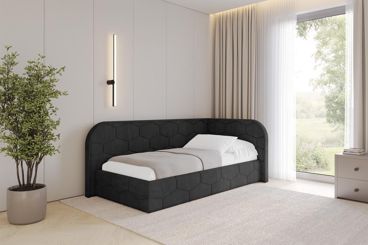 EINZELLBETT Jugendbett mit Bettkasten und Matratze H3/H4, Links - JAXY 90x200 Schwarz - Schwarz, Holzwerkstoff/Textil (90/200cm) - ALTDECOR