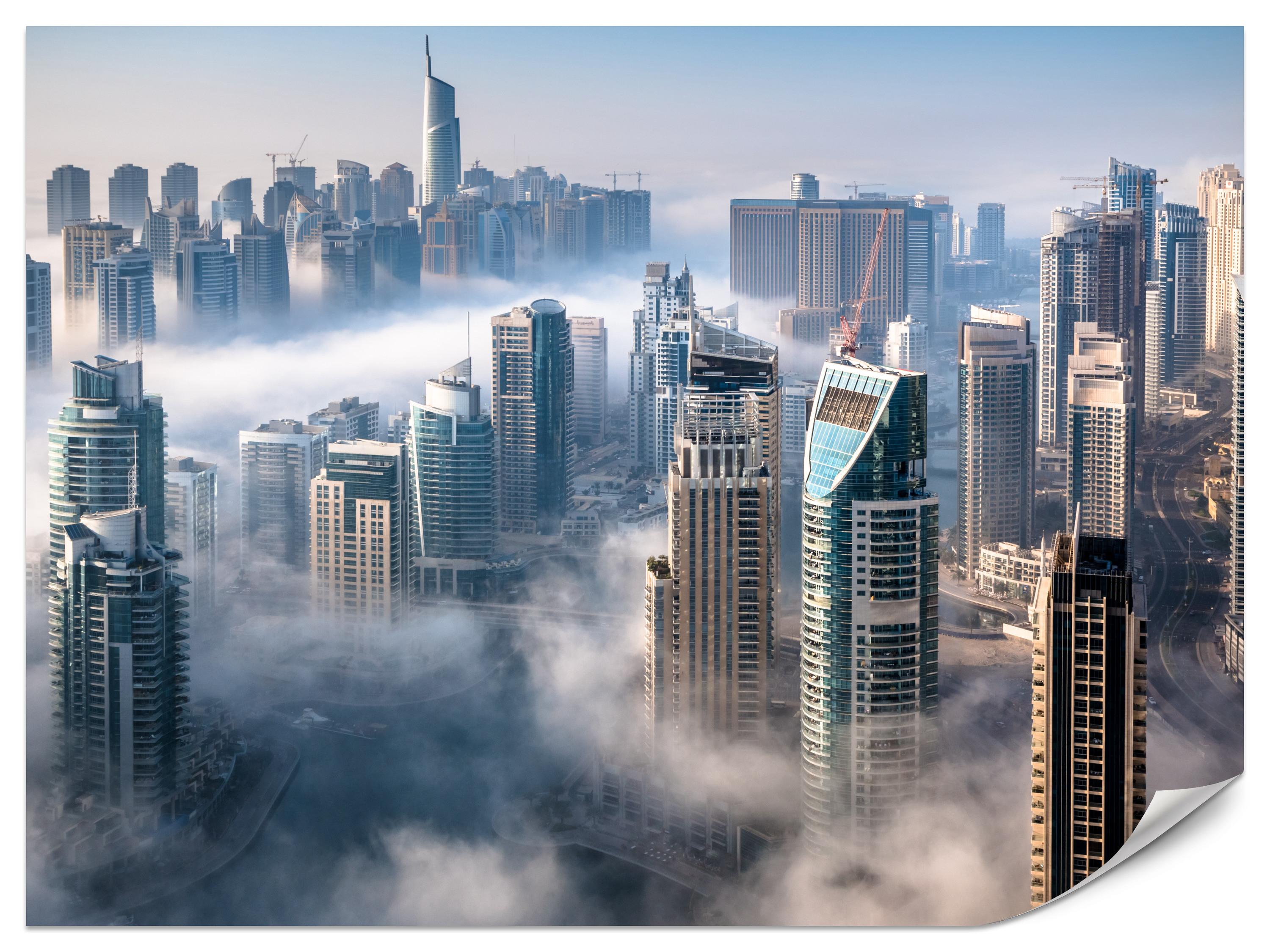 FOTOTAPETE für Büro Dubai Nebel Wolkenkratzer Skyline Panorama 400x280 - Blau/Beige, Papier (400/280cm) - Muralo