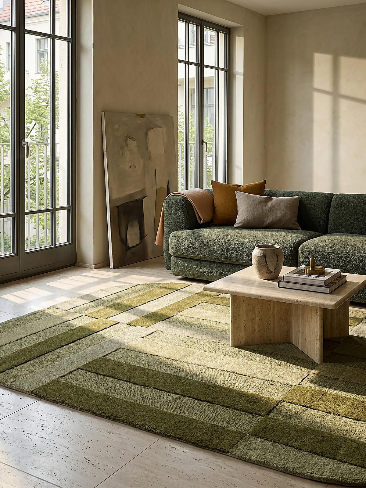WOLLTEPPICH handgetuftet LUNAN, Blockstreifen, Olivgrün, 140 x 200 cm - Grün, Textil (140/200cm) - KADIMA DESIGN