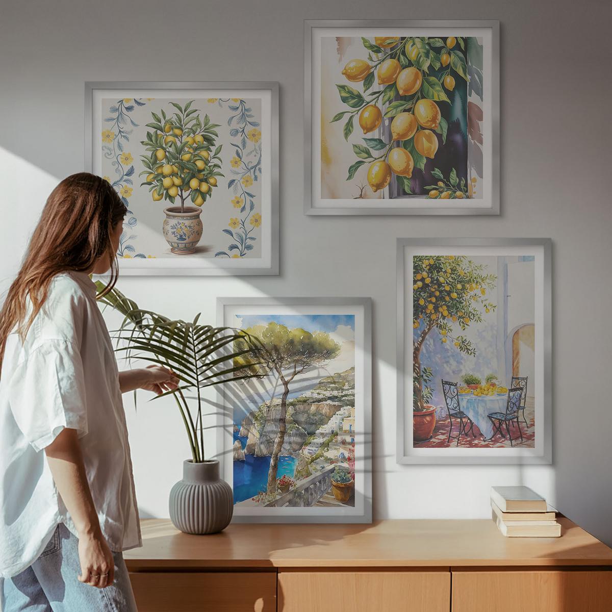 BILDER SET 4er Set - 50x50 cm & 40x60 cm Silberner Rahmen - Zitronenbäume am Meer - Silberfarben, Kunststoff (50/50cm) - TULUP