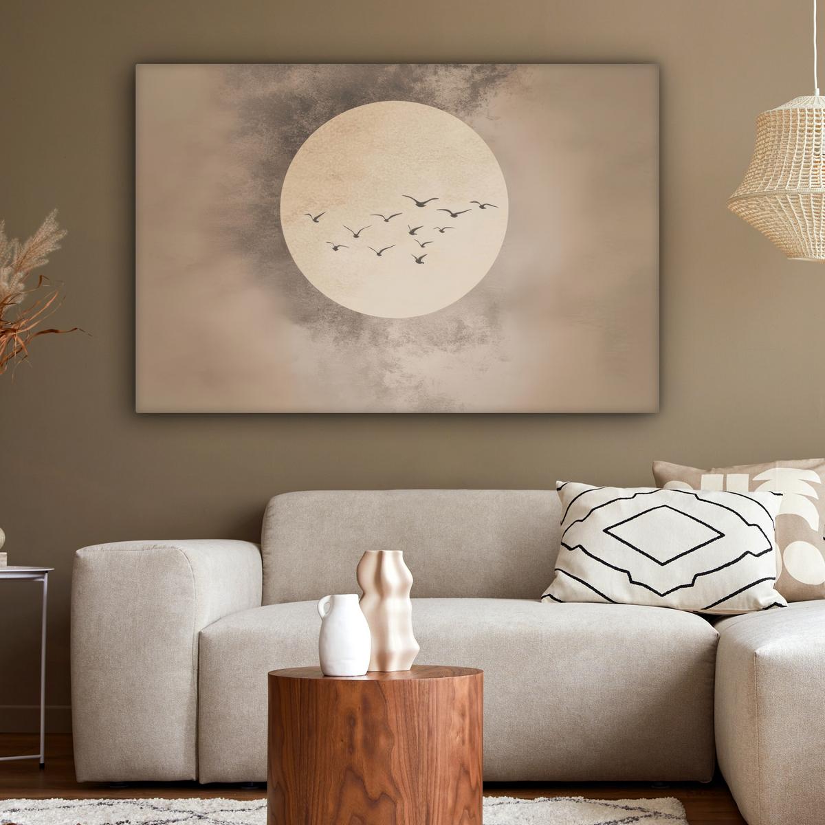 LEINWANDBILD Vogel - Beige - Japanisch Groß 140x90 cm - Taupe, Textil (140/90cm) - MuchoWow