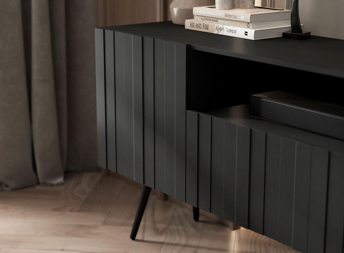 TV-SCHRANK Elpis Schwarz Matt mit Metallbeine Glamour 150 cm - Schwarz, Holzwerkstoff/Metall (150/60.5/36.5cm) - Meble Lindner