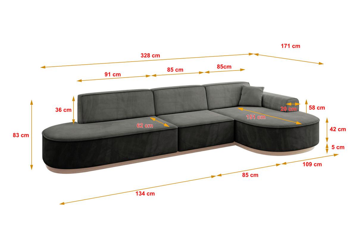 ECKSOFA Ottomane Rechts MARI-L2-v1 - 328x171x83 cm Dunkelgrau Velours - Dunkelgrau, Holzwerkstoff/Textil (171/328cm) - ALTDECOR