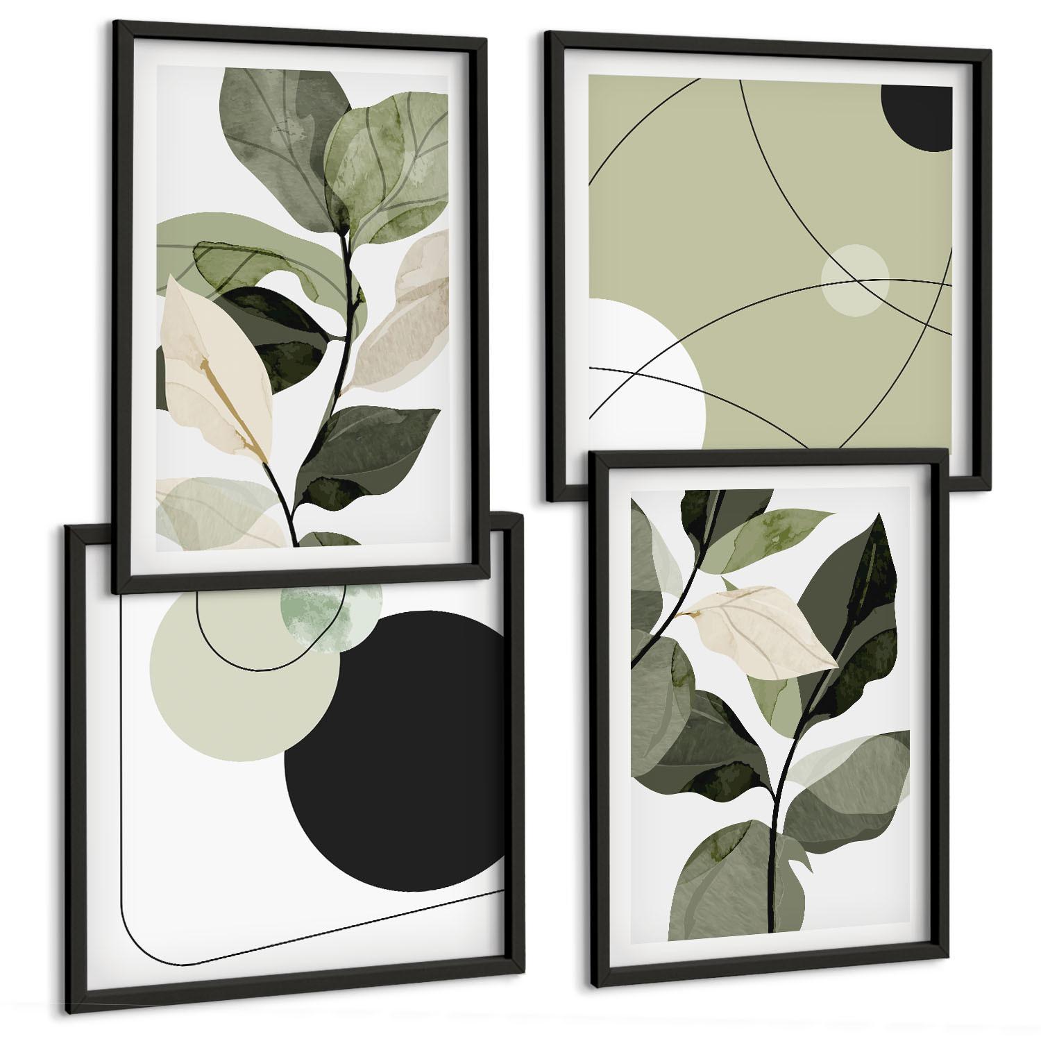 BILDER SET 4er Set - 50x50 cm & 40x60 cm Schwarzer Rahmen - Abstrakte Darstellung gemalter Blätter - Schwarz, Kunststoff (50/50cm) - TULUP