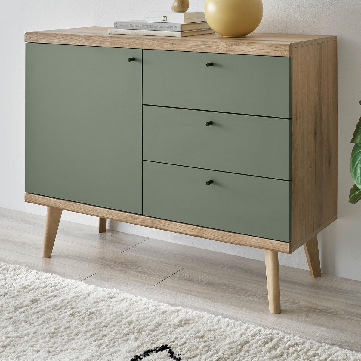 SIDEBOARD Salbei grün, Eiche Evoke, skandinavisch 107 x 83 cm, Kommode mit Vollauszug - Salbeigrün/Eichefarben, Holz/Holzwerkstoff (107/83/40cm) - Furn.Design