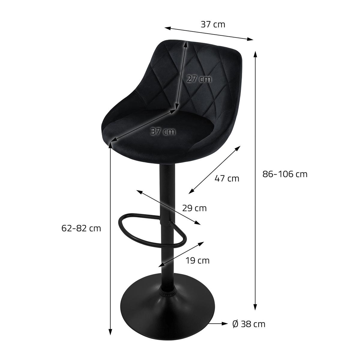 BARHOCKER 2er Set aus Samt Schwarz höhenverstellbar/drehbar - Schwarz, Metall (37/106/47cm) - ML-DESIGN