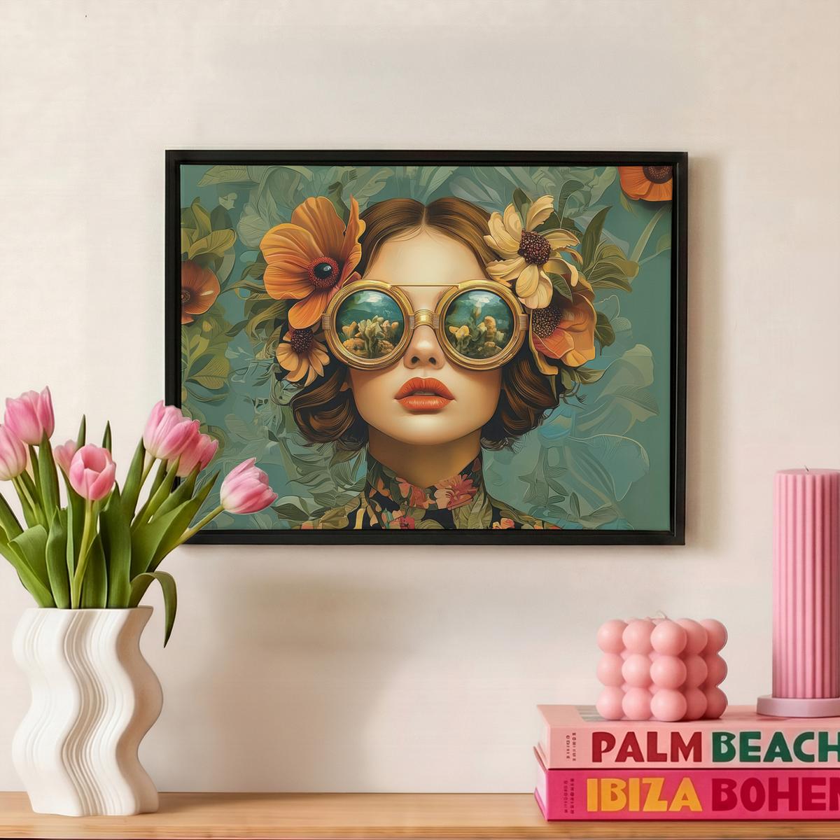 LEINWAND Bilder mit Rahmen - Frau - Blumen - Schmetterlinge - Natur - Vintage - 40x30 - Salbeigrün, Textil (40/30cm) - MuchoWow