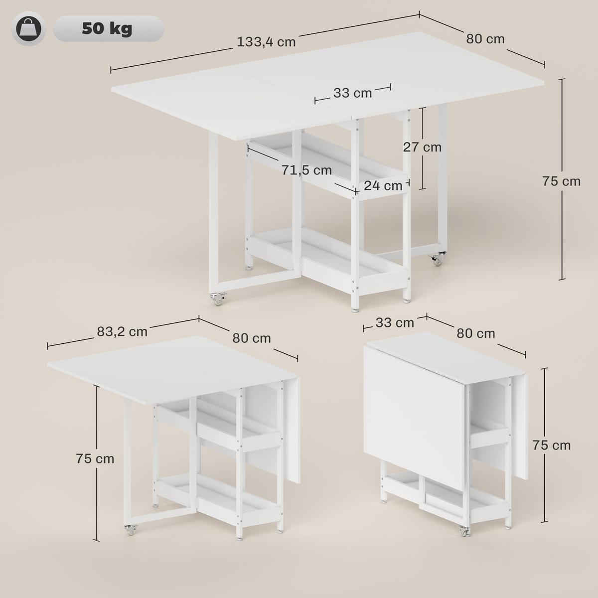 ESSTISCH Klappbar Küchentisch für 2-4 Personen mit 2 Offenen Ablagen, Rollen - Weiß, Holz (133.4/80/75cm) - HOMCOM