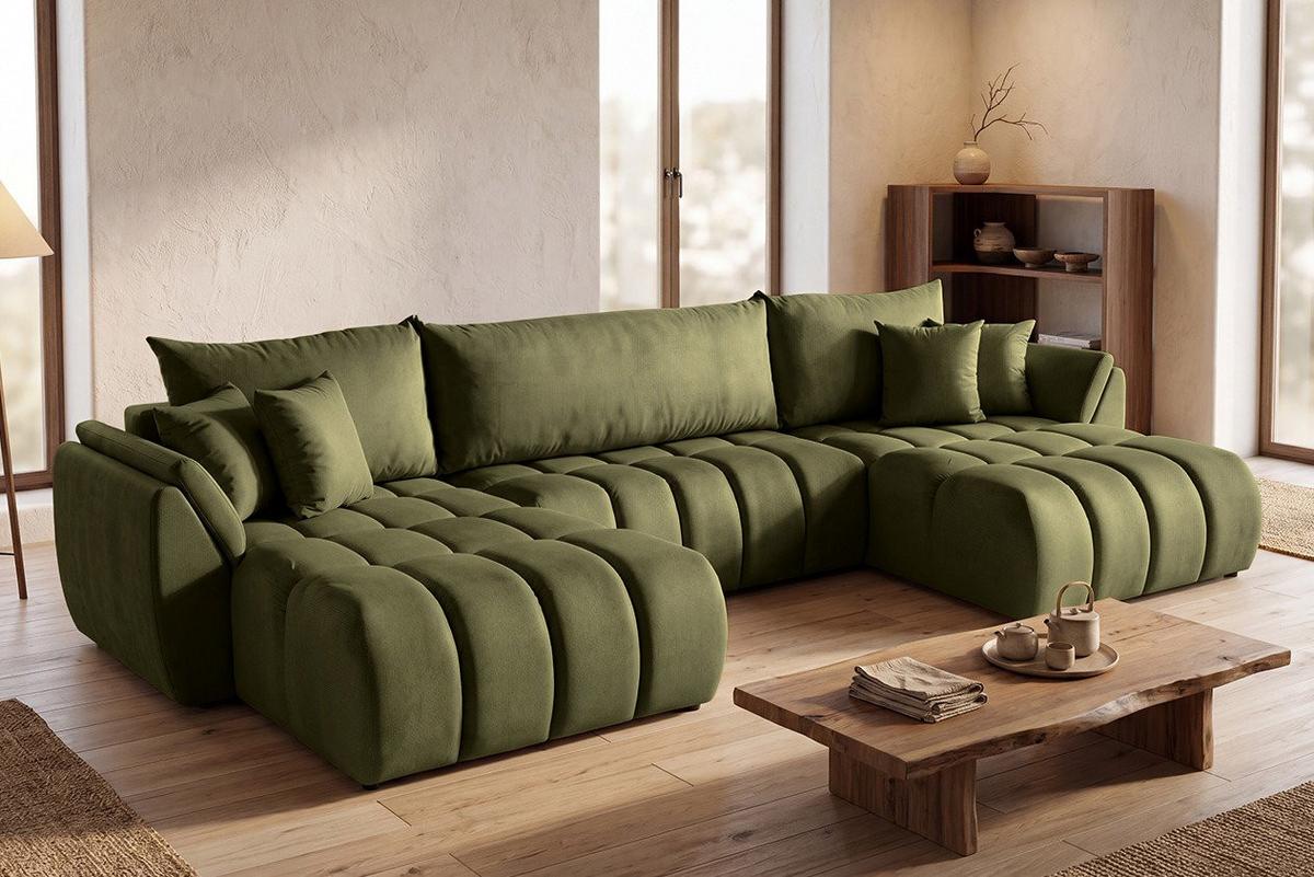 ECKSOFA Iris U mit Schlaffunktion und Bettkasten, U-Form – Olivgrün Samt 382/184/85 cm - Schwarz/Olivgrün, Kunststoff/Textil (382/184cm) - WFL GROUP