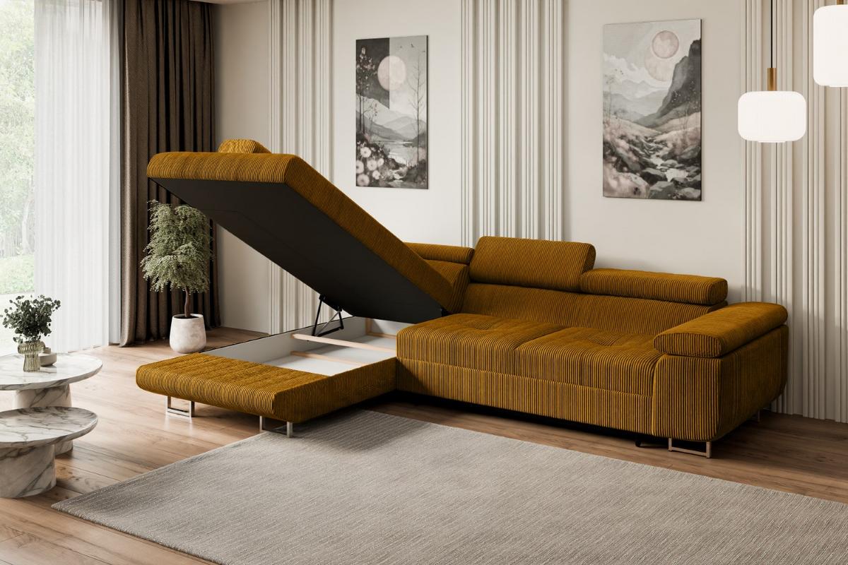 ECKSOFA mit Schlaffunktion und Bettkasten GUSA-L 272x202x107 cm Senfgelb Cord - Gelb/Silberfarben, Holzwerkstoff/Textil (202/272cm) - ALTDECOR