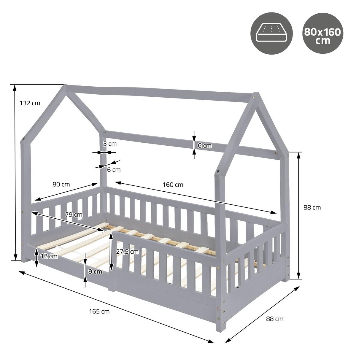 KINDERBETT mit Dach und Matratze 80x160 cm Hellgrau - Hellgrau, Holz (80/160cm) - ML-DESIGN