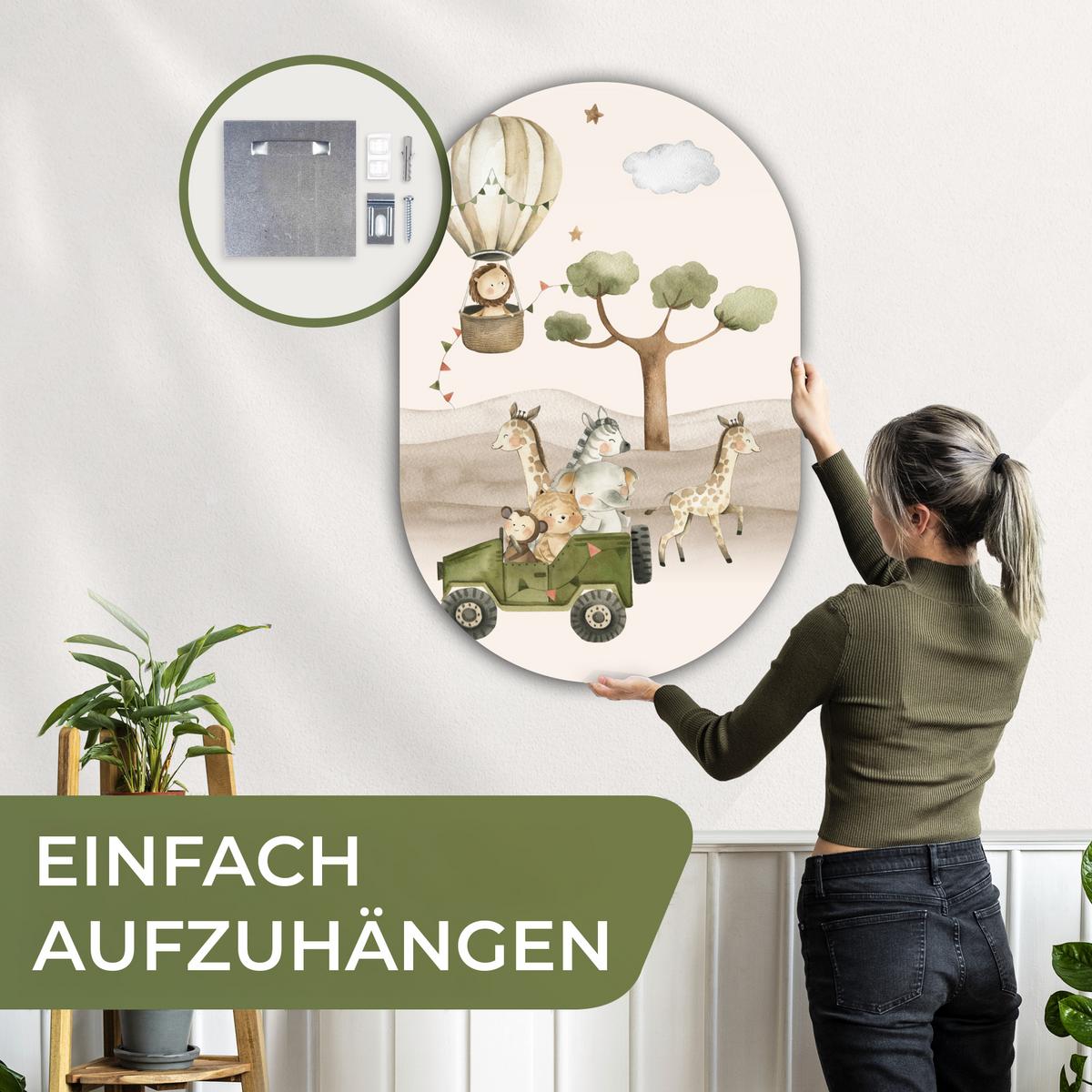 WANDBILD Wilde Tiere - Safari - Aquarell - Heißluftballon Deko Groß 80x120 cm - Beige, Kunststoff (80/120cm) - MuchoWow
