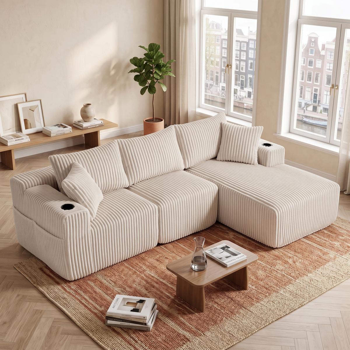ECKSOFA mit Chaiselongue Cord - Beige, Textil (257/160cm) - Urban Meuble