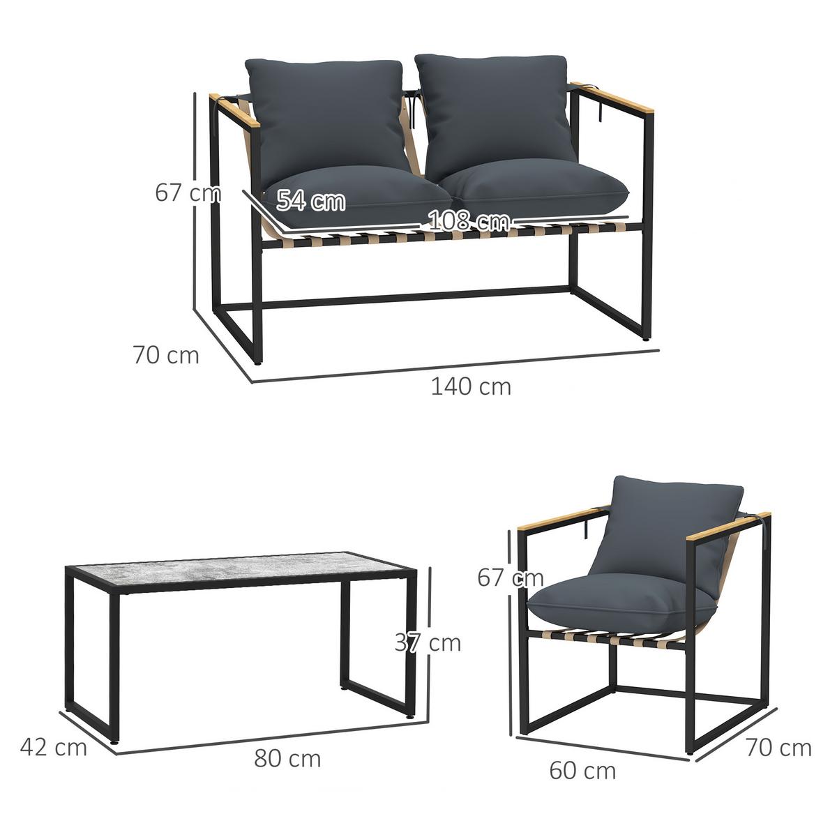 STAHL Gartenmöbel Set 4 Personen wetterfest Balkonmöbel-Set mit 2er Sofa Grau - Grau, Metall - Outsunny
