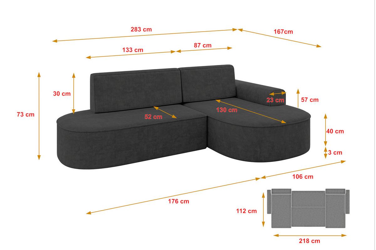 ECKSOFA mit Schlaffunktion und Bettkasten Ottomane Rechts MARI-L1-S - 283x167x73 cm Dunkelgrau Velours - Dunkelgrau/Schwarz, Holzwerkstoff/Kunststoff (167/283cm) - ALTDECOR