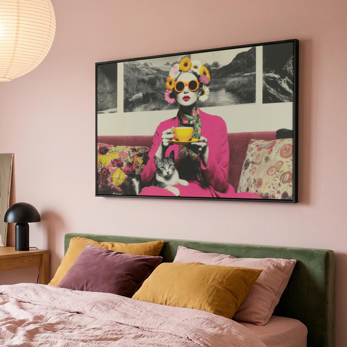 LEINWAND Bilder mit Rahmen - Frau - Katze - Blumen - Tasse - Retro - 140x90 - Magenta, Textil (140/90cm) - MuchoWow
