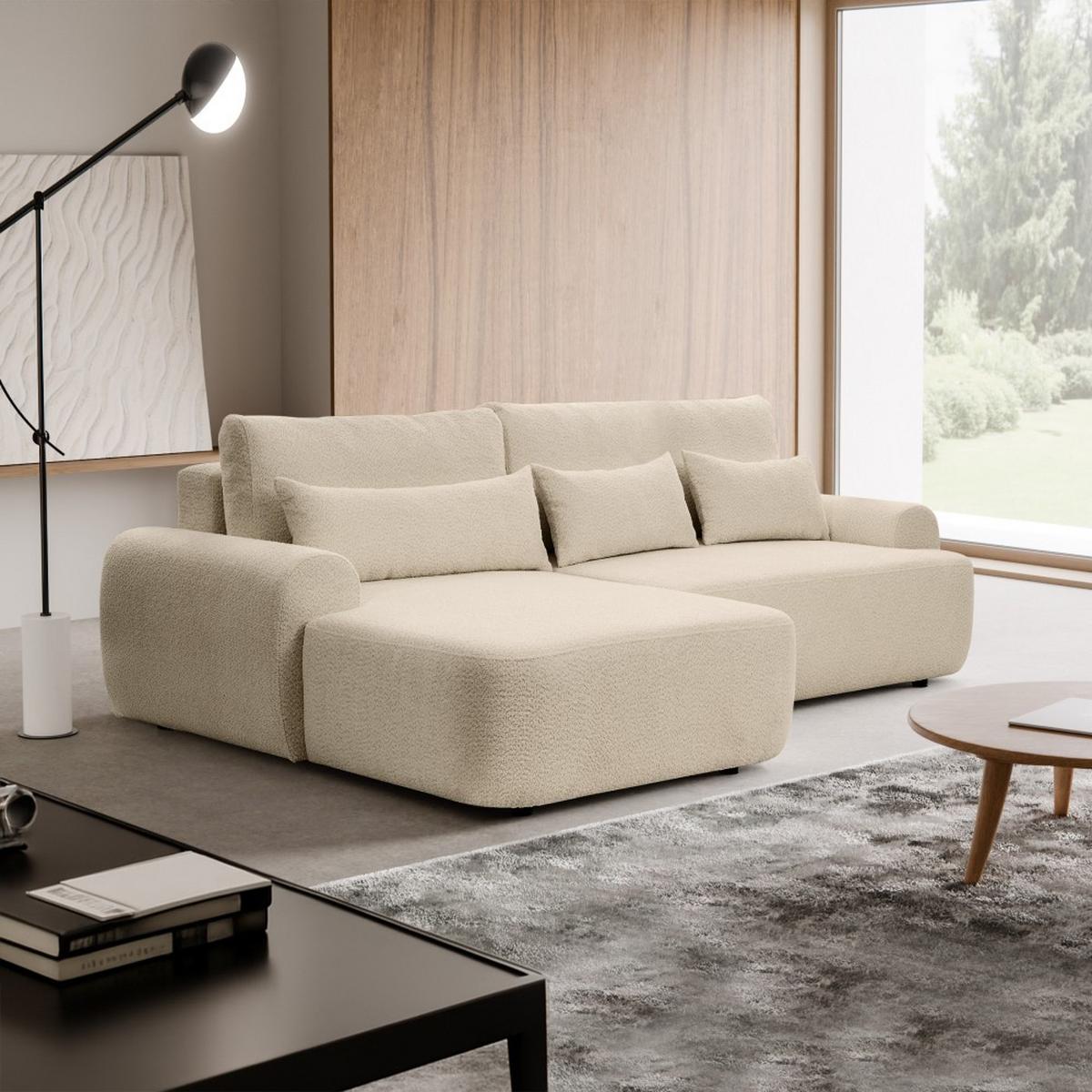 ECKSCHLAFSOFA Oliver im Bouclé-Gewebe, Beige, links - Beige/Schwarz, Textil (266/160cm) - Beautysofa