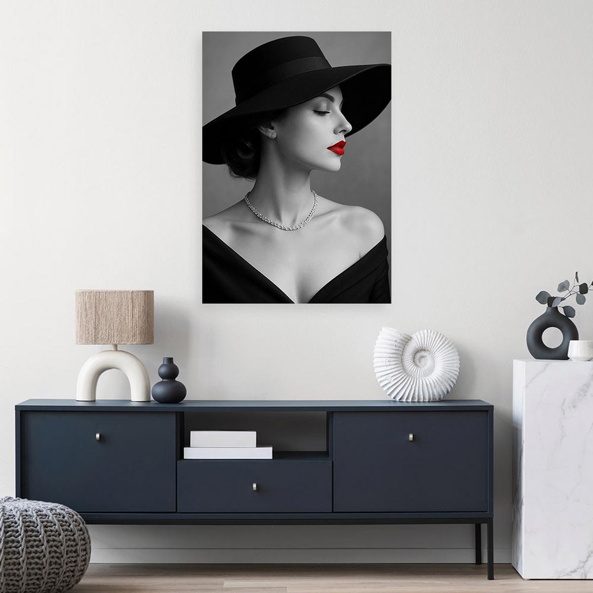 LEINWANDBILD Porträt Frau mit Hut 80x120cm - Schwarz, Textil (80/120cm) - Feeby