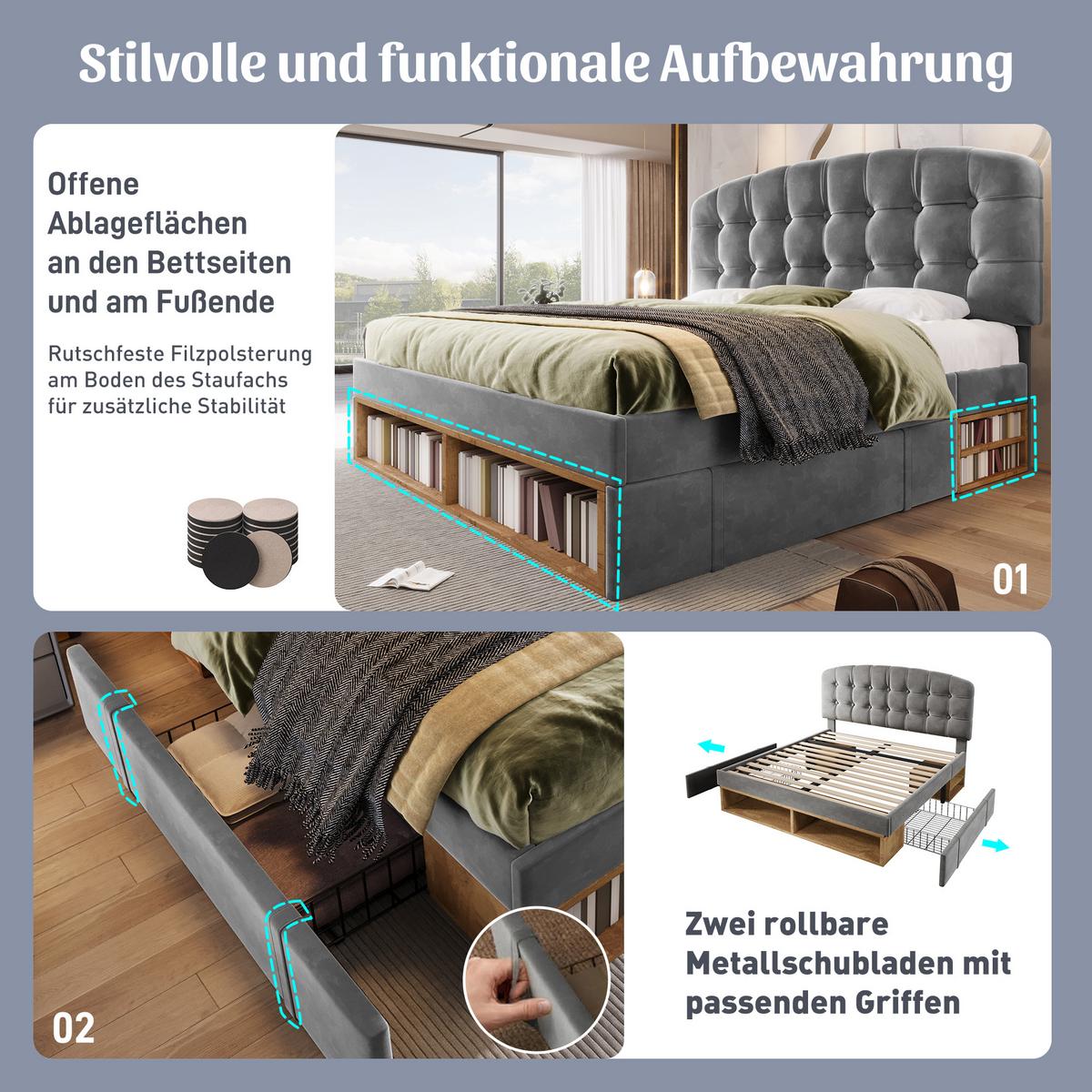 POLSTERBETT Samt Grau 140x200 mit Stauraum und verstellbarem Kopfteil - Grau, Textil (140/200cm) - Urban Meuble