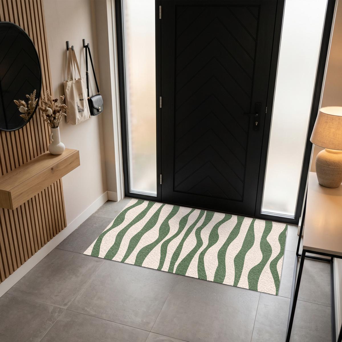 FUSSMATTE Wellenlinien - Beige - Grün - Streifen - Abstrakt Fußabtreter 150x90 cm - Dunkelgrün, Kunststoff (150/0.4cm) - MuchoWow