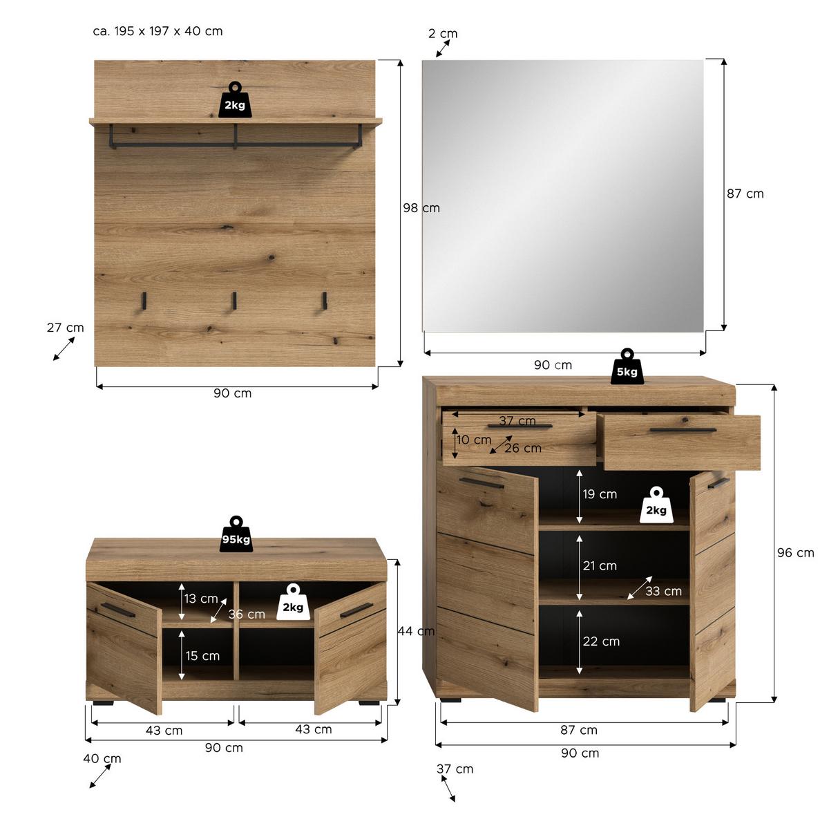 GARDEROBE Set 4-teilig Evoke Eiche 195 cm, Flurmöbel mit viel Stauraum - Eichefarben/Schwarz, Glas/Holzwerkstoff (195/197/40cm) - Inn.Furn